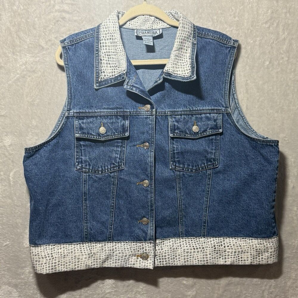 Chandra Denim Jean Vest Vintage Snake Skin Pattern Accent Women's Plus Size 22W
